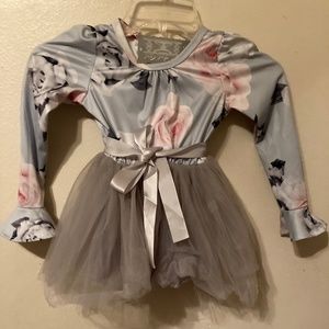 Girls Silver Gray Flower Dress Satin Bow Tulle Tutu 3/4